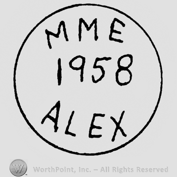 MME Alex 1958 written with uppercase letters inside a circle