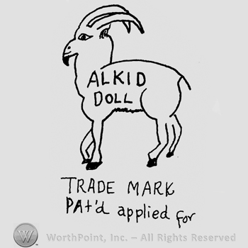 Goat with Alkid Doll inscription, Trade Mark written below with uppercase letters, Pat'd applied for with lowercase letters