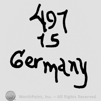 Numbers 497 over 15 and Germany written below with lowercase letters