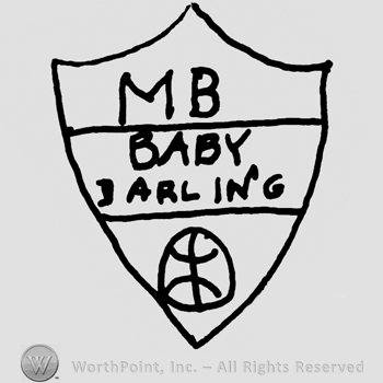 Shield with capital MB, Baby Darling written with uppercase letters and round design at the bottom