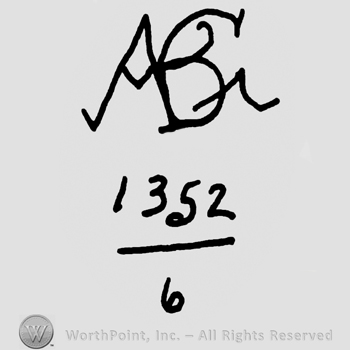 Uppercase handwritten entwined A&G over numbers 1352 and 6 written like a fraction