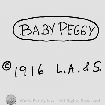 Baby Peggy written with uppercase letters in an oval, copyright symbol, year 1916 and capital L.A.&S.