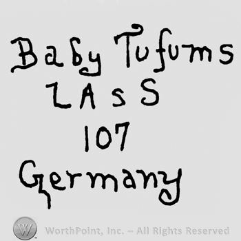 Baby Tufums written with ornamented lowercase letters, capital LA&S, number 107, Germany written with lowercase letters