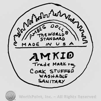 Alberg Dolls The World Standard Made in USA written with uppercase letters in half of a circle with city profile above, Amkid Trade Mark Reg. Cork Stuffed Washable Sanitary written with uppercase letters in the lower half of the same circle