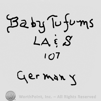 Baby Tufums with lowercase letters, capital LA&S, number 107 and Germany written with lowercase letters
