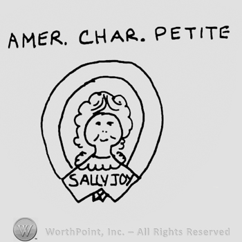 Amer. Char. Petite written with uppercase letters over an oval design with a girl doll's head, Sally Joy written with uppercase letters under the figure