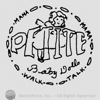 Petite written with uppercase letters over a girl baby doll inside a circle with writings around, Baby Doll handwritten with lowercase letters under the word Petite