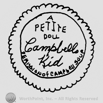 Petite Doll with uppercase letters, Campbell Kid handwritten with lowercase letters all inside a circle