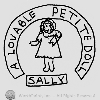 A Lovable Petite Doll Sally written with uppercase letters on a banner around and under a stylized baby doll