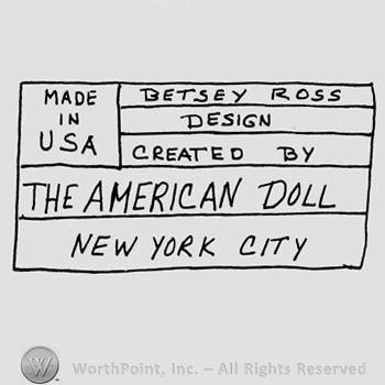 Made in USA; Detsey Ross Design Created by The American Doll New York City written with uppercase letters inside a table-like rectangle