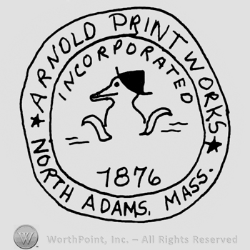 Arnold Printworks North Adams, Mass. Written with uppercase letters around a stylized duck with hat, Incorporated 1876 also written in the centre of the design