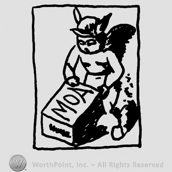 Little human figure with wings and winged-cap holding a brick with capital MOA written on it