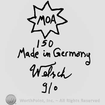 Uppercase MOA inside a star, number 150, Made in Germany written with lowercase letters, Walsch 9/0 handwritten with lowercase letters