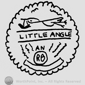 Little Angle with uppercase letters with stork above, uppercase AM and RB inside a circle, all inside a round flower-like design