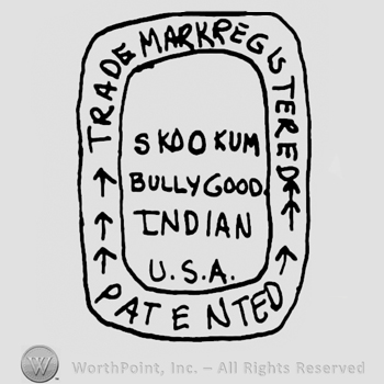 Trade Mark Registered Patented written with uppercase letters around an oval design with small arrows, SKDO KUM Bullygood Indian USA written in the center with uppercase letters