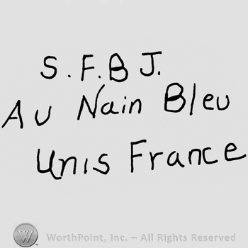 Uppercase SFBJ over Au Nain Bleu Unis France written with lowercase letters