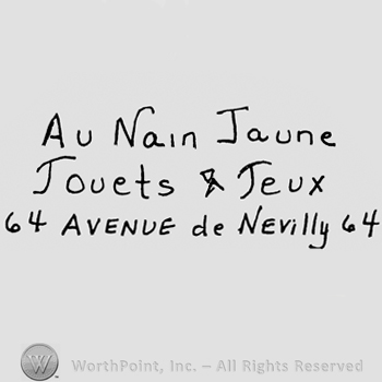 Au Nain Jaune Jouets & Jeux written with lowercase letters, number 64, Avenue de Nevilly 64 written with lowercase and uppercase letters