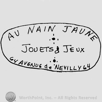 Au Nain Jaune Jouets & Jeux 64 Avenue de Nevilly 64 written with uppercase letters inside an oval