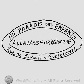 Au Paradis des Enfants Au Lavasse Urbquache written with uppercase letters, Rue de Rivali + Rue de Louvre written with lowercase letters all inside an oval design