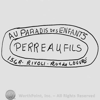 Au Paradis des Enfants Perreau Fils with uppercase letters, 15 GR. Rivli Rue de Louvre written with lowercase letters all inside an oval design
