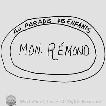 Au Paradis des Enfants Mon. Remond written with uppercase letters inside an oval design