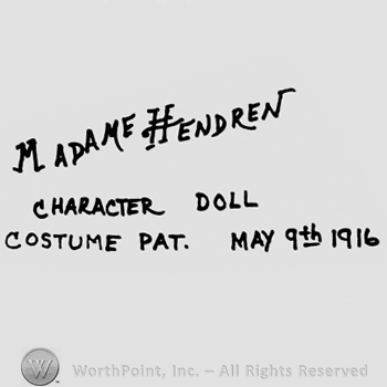 Madame Hendren Character Doll Costume Pat. May 9th 1916 written with uppercase letters