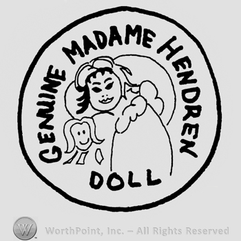 Genuine Madame Hendren Doll written with uppercase letters around a stylized doll inside a circle