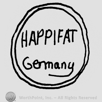 Happifat with uppercase letters over Germany with uppercase letters inside a double-lined circle