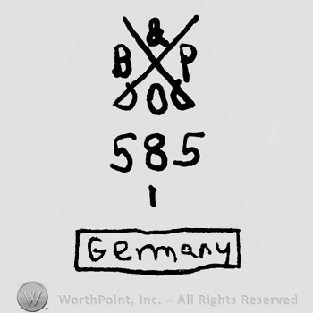 Crossed swords, uppercase B&P, number 585 below, Germany written in a rectangle with lowercase letters