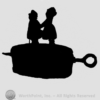 Two human figures standing on a rectangular shape with a pin