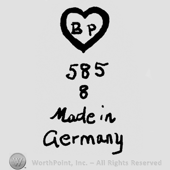 Uppercase BP inside a heart, number 585 over number 8, Made in Germany written with lowercase letters