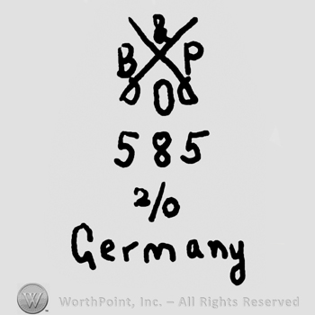 Crossed swords with uppercase BP over numbers 585 and 2/0, Germany written below with lowercase letters