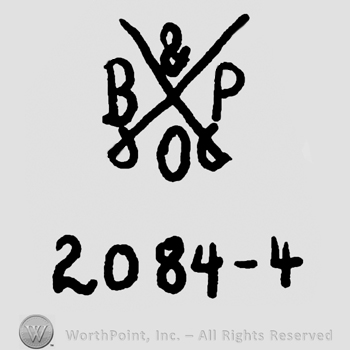 Crossed swords with uppercase B&P over numbers 2084-4
