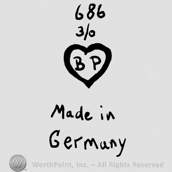 Number 686 over 3/0, uppercase BP inside a heart, Made in Germany written below with lowercase letters
