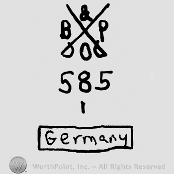 Crossed swords with uppercase B&P over number 585 and Germany written with lowercase letters inside a rectangle