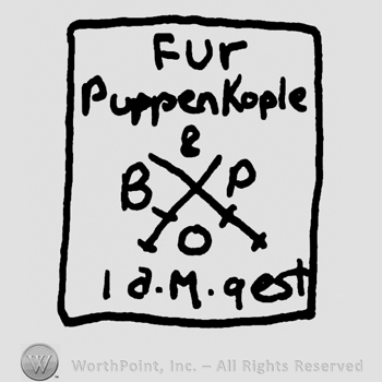 Fur PuppenKople written with lowercase letters over crossed swords with uppercase B&P and small circle below, uppercase I&M quest written below, all inside a square