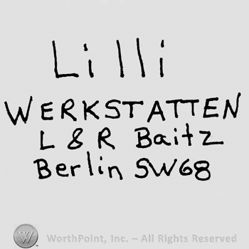 Lilli written with lowercase letters, Werkstatten with uppercase letters, uppercase L&R, Baitz Berlin with lowercase letters, uppercase SW and number 68