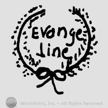 Evangeline written on two rows with lowercase letters inside a round design with branches and bow