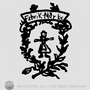 Round design with branches, human figure in the center, Fabrik marks written with lowercase letters on top of the design, on a ribbon