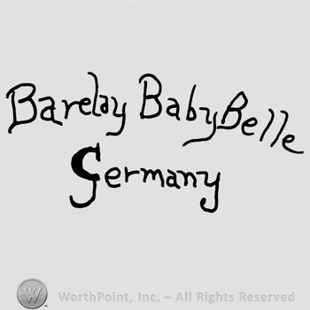 Barclay Baby Belle handwritten with lowercase letters over Germany written with lowercase letters