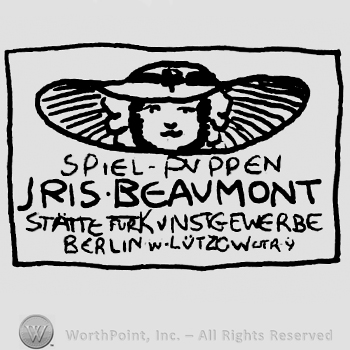 Woman's head with a hat over Spiel Puppen Iris Beaumont Statte Fur Kunstgewerbe Berlin W Lutzowerk written with uppercase letters