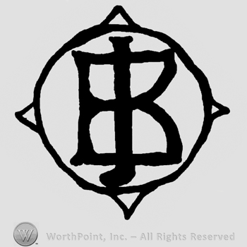 Uppercase BJ entwined inside a circle with four small triangles on the side