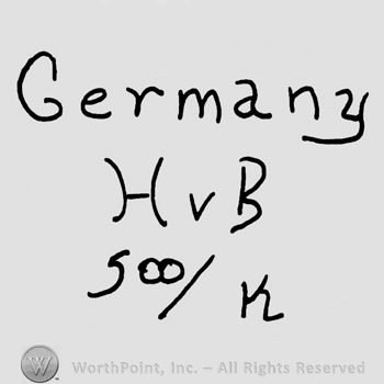 Germany with lowercase letter over uppercase HVB and number 500 over capital K