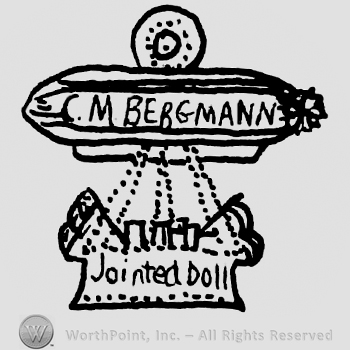 C.M. Bergmann written with uppercase letters on a rectangular shape, a crown hanging on which is written Jointed Doll with lowercase letters