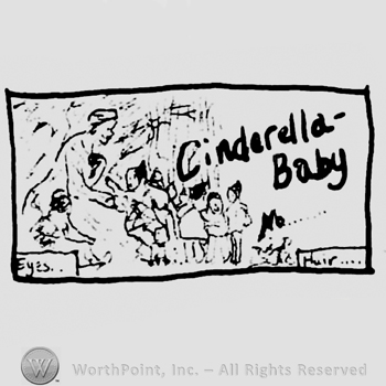 Cinderella Baby written with lowercase letters inside a rectangle with woman and children inside