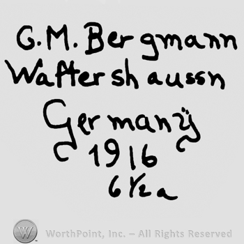 G.M. With uppercase letters, Bergmann Waftershaussen Germany with lowercase letters, year 1916 and number 6 written below