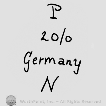 Uppercase P, number 20/0, Germany with lowercase letters over capital N