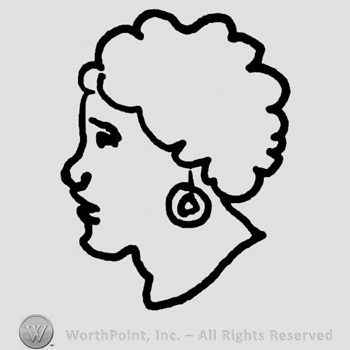 Woman's head in profile with curled short hair and earing