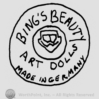 Bing's Beauty Art Dolls Made in Germany written with uppercase letters all in a circle with a complex design in a middle