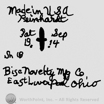 Made in USA Reinhardt, Pat. Sep. 1914, Sn. O Bisc Novelty Mfg. Co. East Liverpool Ohio, all handwritten with lowercase letters